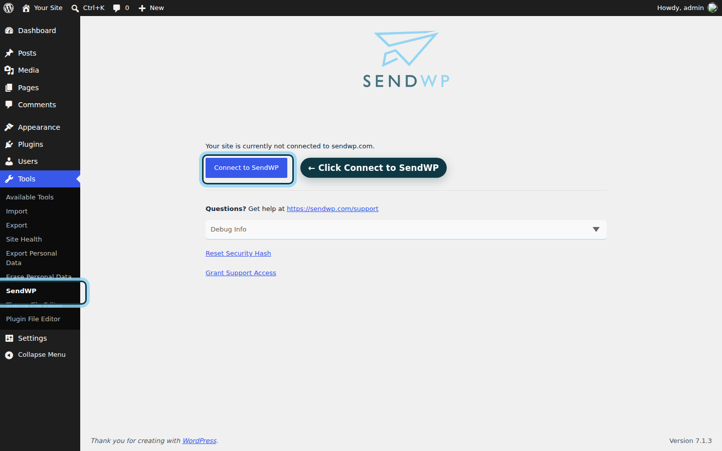 The SendWP screen under Tools in WordPress, saying the site is not connected yet, with the Connect to SendWP button circled.
